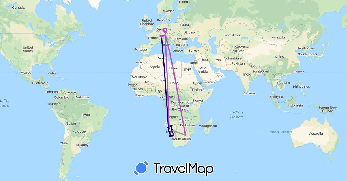TravelMap itinerary: driving, plane, train in Switzerland, Germany, Namibia, South Africa (Africa, Europe)